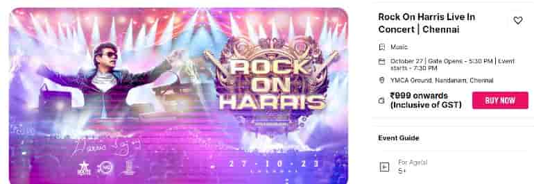 Harris Jayaraj Concert Ticket Booking 